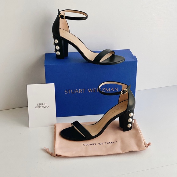 ✨New STUART WEITZMAN NearlyNude Pearl Studded Heel Leather Strappy Sandals 8B - Picture 1 of 10